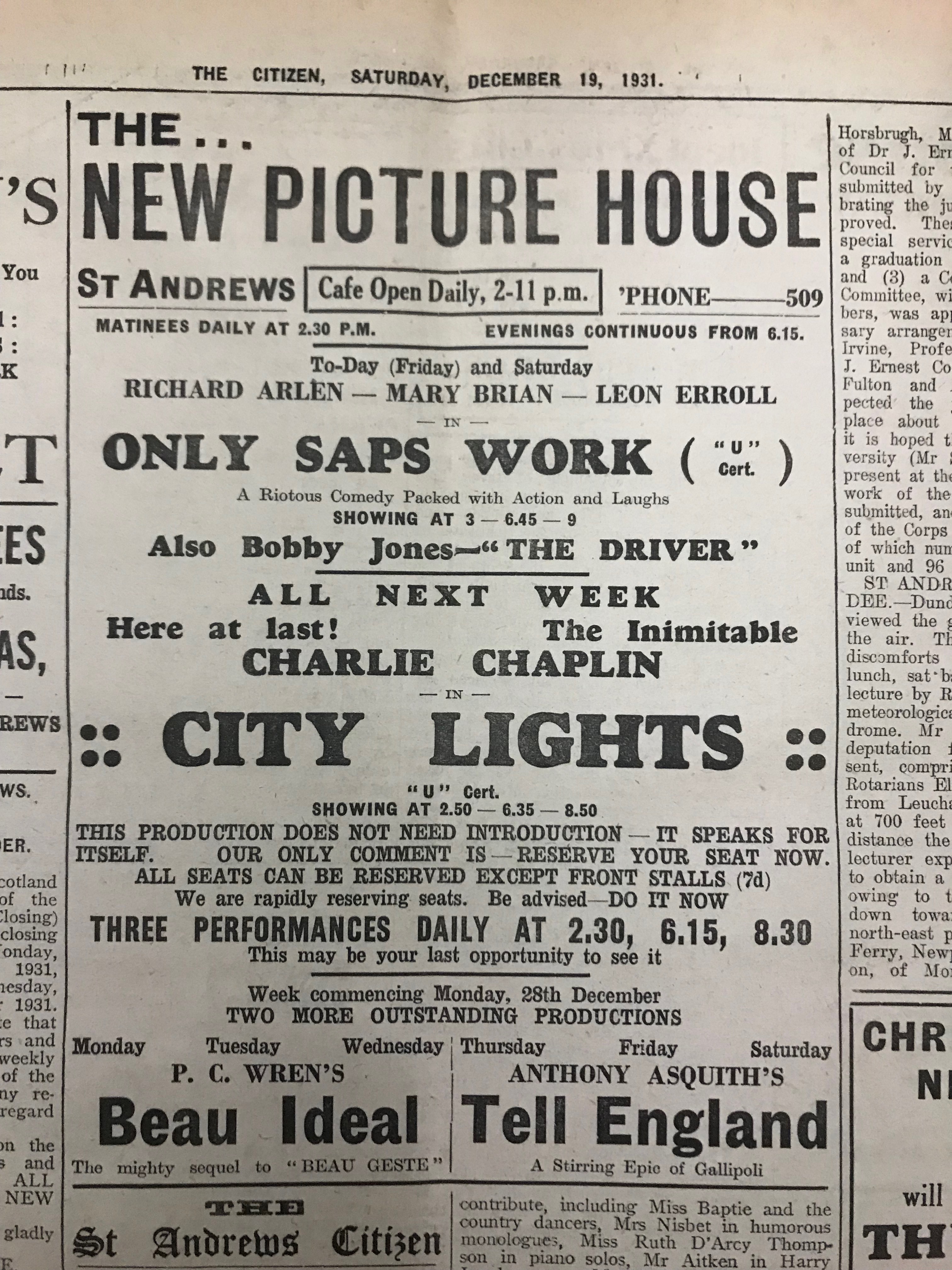Advert for Chaplin's "City Lights" in The Citizen 1931