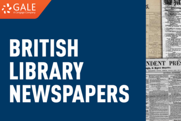 Image shows white the text British Library Newspapers on a dark blue background. Images of newspapers appear at the side of the lettering.
