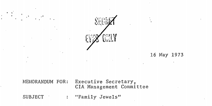 Secret Eyes Only [Scored through] 16 May 1973. Memorandum for: Executive Secretary, CIA Management Committee. Subject: "Family Jewels"