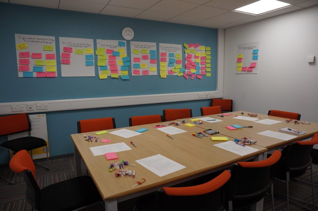 Photo of focus group room with lots of post-it notes on the wall