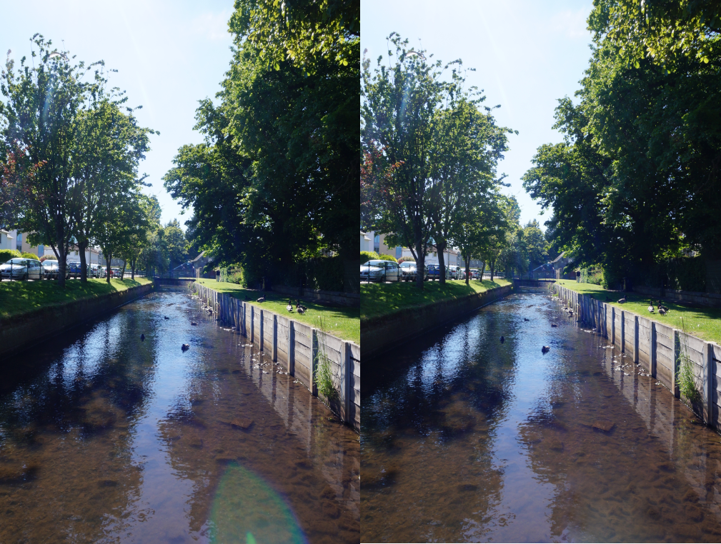 Side-by-side image of the St Andrews burn, one with lens flare the other fixed