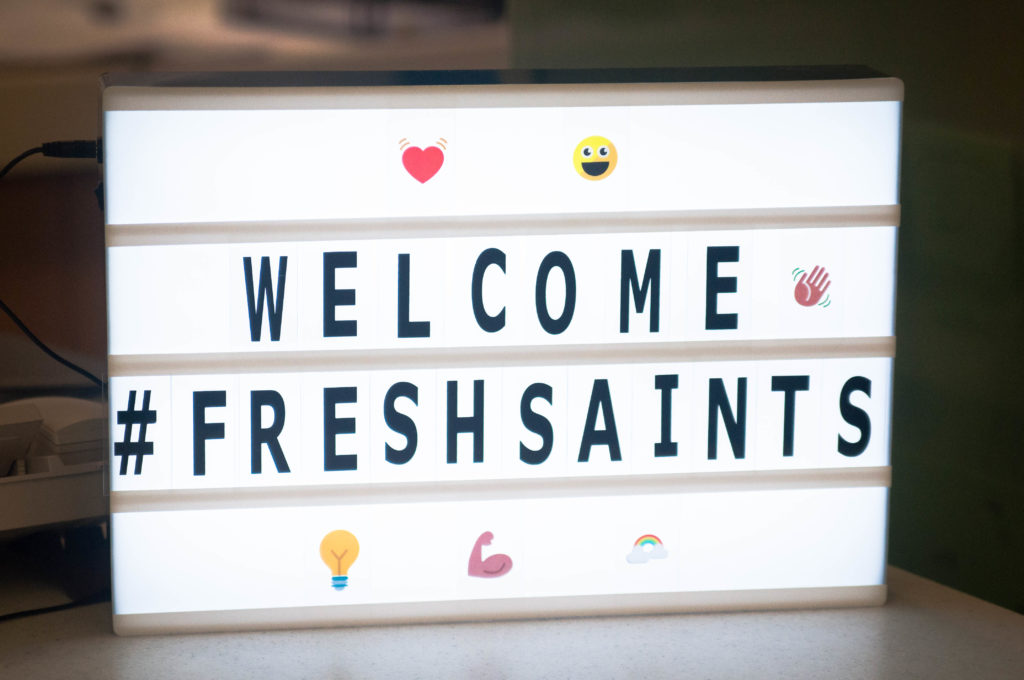 Lightbox sign "Welcome Fresh Saints"