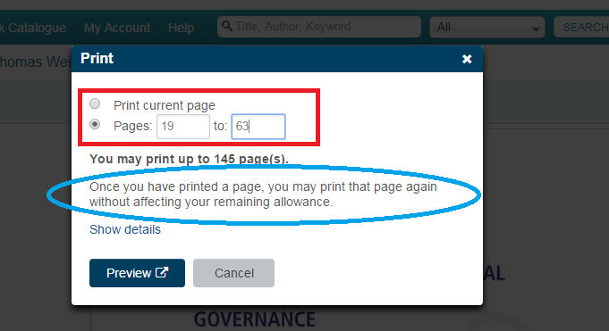 You can print a single page, or a range of pages.  The allowance available shows, and if you need to reprint a section you have selected, you can do so without affecting the remaining allowance.