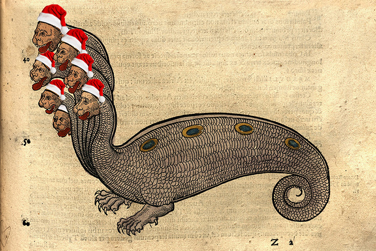 Image of a hydra with Santa hats