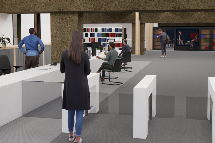 Digital image shows a person walking into the Main Library. The carpet is grey and there is a white desk to the left of the person.