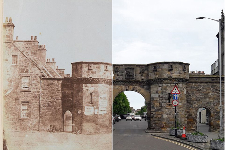Juxtaposed image of The West Port then and now