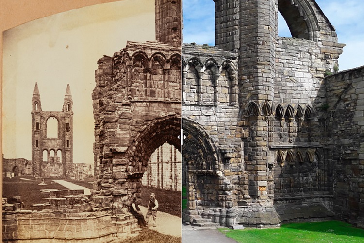 Juxtaposed image of St Andrews Cathedral, then and now