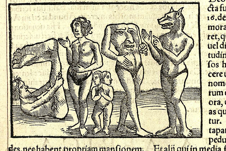 Image of a headless man with a cyclops, sciapod, and a cynocephaly