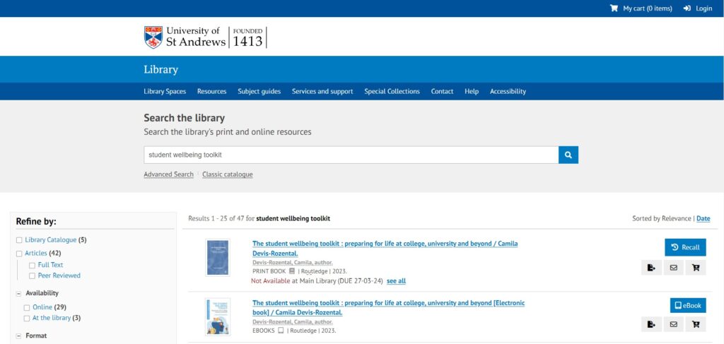 Screenshot of the results page, showing there is a print copy of the book which is out on loan, and an ebook