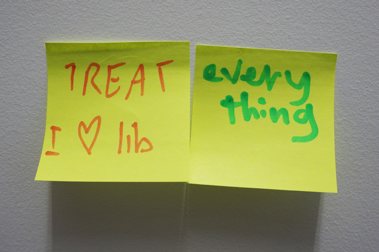 Post it notes about general topics such as love library and everything