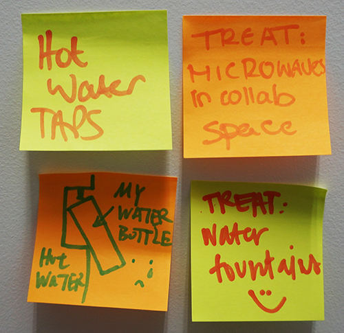 Post it notes with comments about food and drink