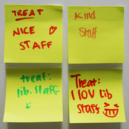 Post it notes with comments about friendly staff