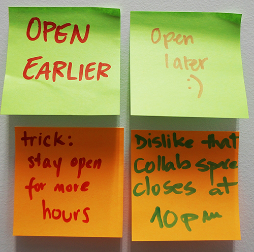 Post it notes with comments about longer opening