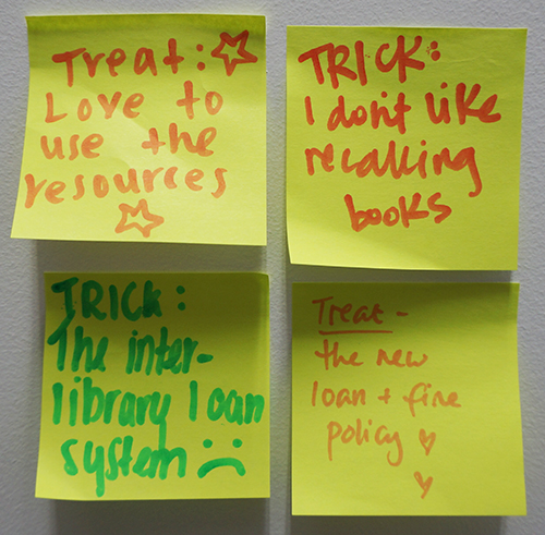 Post it notes with comments about books and resources