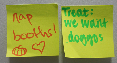 Post it notes with suggestions such as dogs in the library