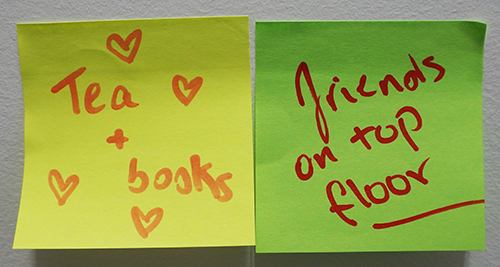 Post it notes with comments about non-academic themes such as friends