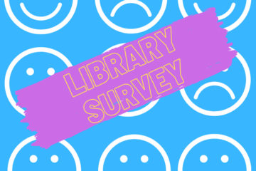 blue background with white smiley and sad faces. text across says library survey